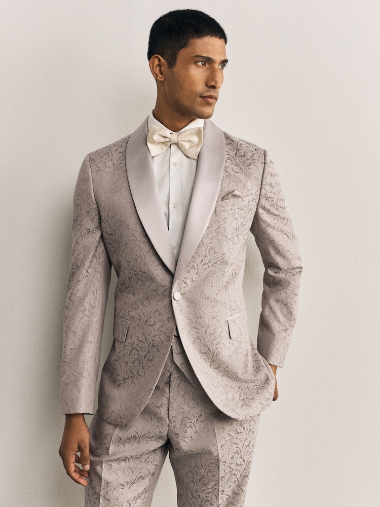 Neutral Slim Fit Satin Shawl Lapel Jacquared Tuxedo Suit Jacket - Image 1 of 11 Neutral Slim Fit Satin Shawl Lapel Jacquared Tuxedo Suit Jacket - Image 1 of 11