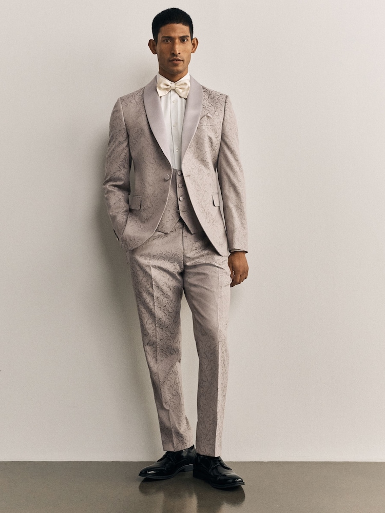 Neutral Slim Fit Satin Shawl Lapel Jacquared Tuxedo Suit Jacket - Image 2 of 11 Neutral Slim Fit Satin Shawl Lapel Jacquared Tuxedo Suit Jacket - Image 2 of 11