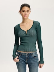 Cotton On Green Two Tone Rib Keyhole Knit Top - Image 1 of 5