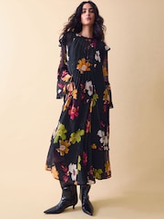 Monsoon Black Clemence Camille Floral Georgette Midi Dress - Image 1 of 4