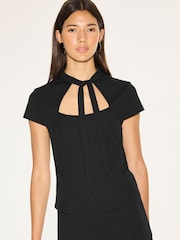 Black Short Sleeved Keyhole Tie Neck Top - Image 1 of 7