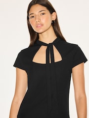 Black Short Sleeved Keyhole Tie Neck Top - Image 4 of 7