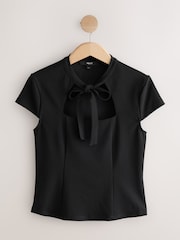 Black Short Sleeved Keyhole Tie Neck Top - Image 5 of 7