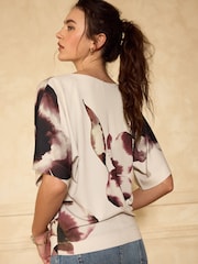 Ecru/Port Floral Short Sleeved V-Neck Top - Image 4 of 8