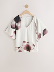 Ecru/Port Floral Short Sleeved V-Neck Top - Image 6 of 8