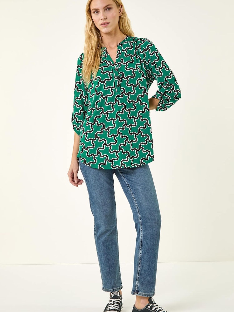Roman Green Abstract Print Stretch Shirt - Image 2 of 5 Roman Green Abstract Print Stretch Shirt - Image 2 of 5