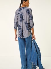 Roman Blue Stripe Floral Print Stretch Shirt - Image 3 of 5