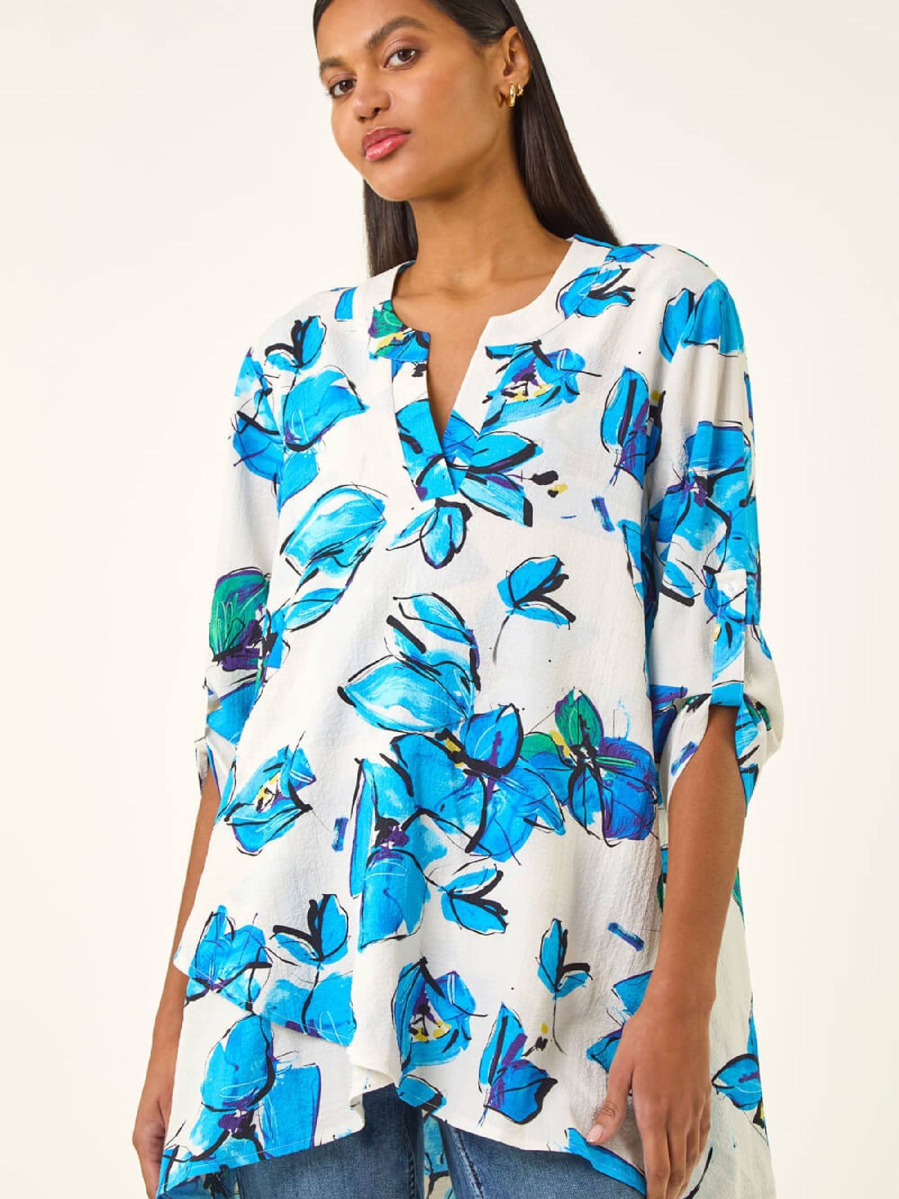 トップス MM Buy Roman Blue Floral Wrap Hem Stretch Tunic Top from Next USA