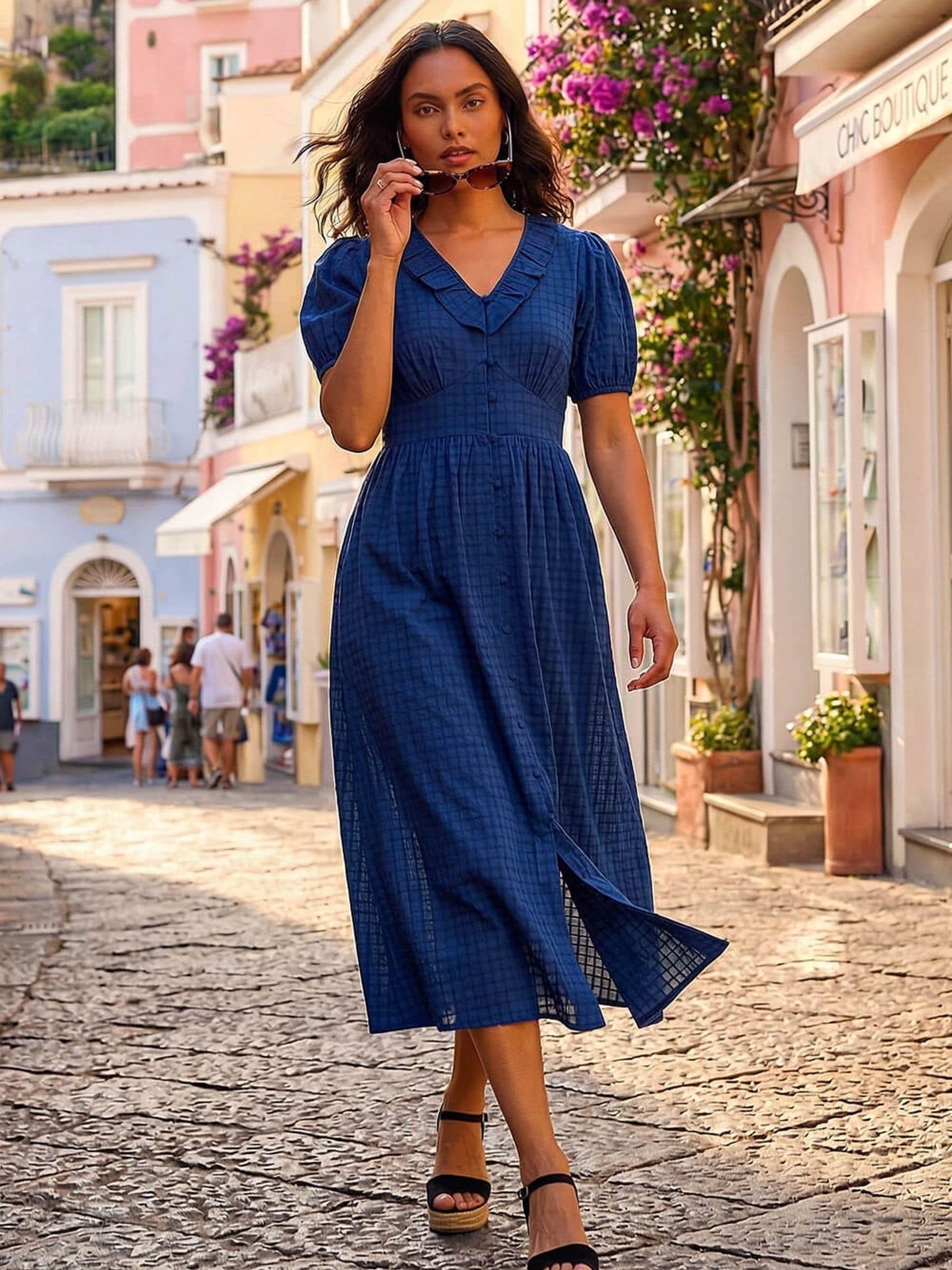 Buy Roman Blue Textured Frill Midi Dress from Next USA