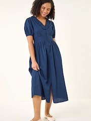 Roman Blue Textured Frill Midi Dress - Image 1 of 5