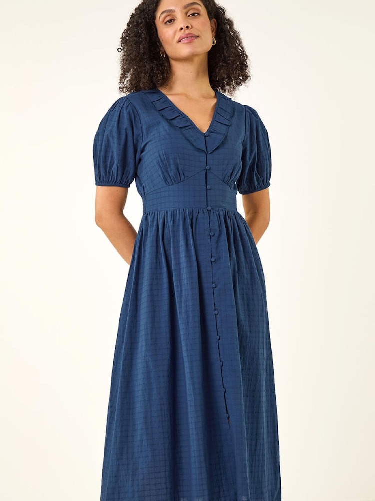 Roman Blue Textured Frill Midi Dress - Image 5 of 5