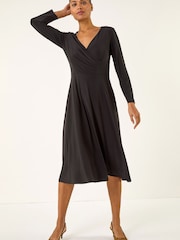 Roman Black Wrap Bodice Tie Waist Midi Dress - Image 1 of 5