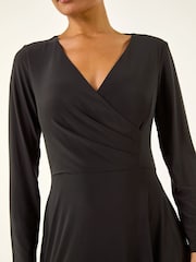 Roman Black Wrap Bodice Tie Waist Midi Dress - Image 2 of 5
