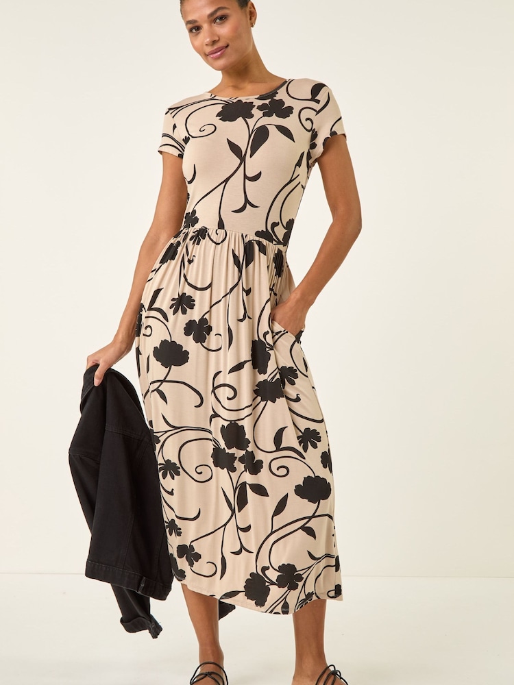 Roman Brown Shadow Floral Print Pocket Midi Dress - Image 1 of 5