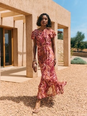 Friends Like These Pink Short Sleeve Ruffle Metallic Midi Dress - Image 1 of 5