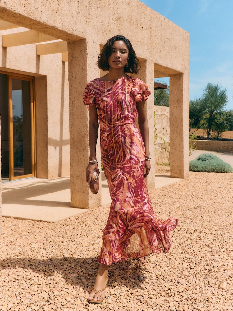 Friends Like These Pink Short Sleeve Ruffle Metallic Midi Dress - Image 1 of 5