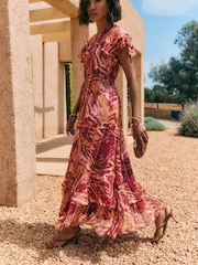 Friends Like These Pink Short Sleeve Ruffle Metallic Midi Dress - Image 2 of 5
