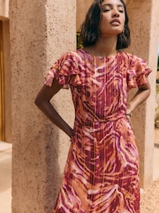 Friends Like These Pink Short Sleeve Ruffle Metallic Midi Dress - Image 3 of 5