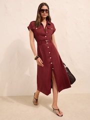 Friends Like These Rust Brown Linen Button Through Belted Midi Dress - Image 3 of 5
