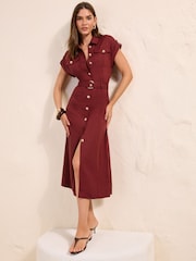 Friends Like These Rust Brown Linen Button Through Belted Midi Dress - Image 4 of 5