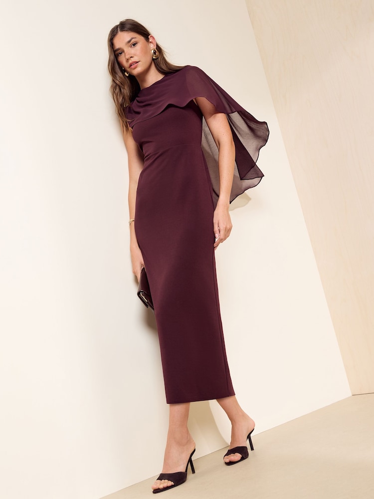 Friends Like These Burgundy Red Asymmetric Cape Sleeveless Midi Dress - Image 1 of 6