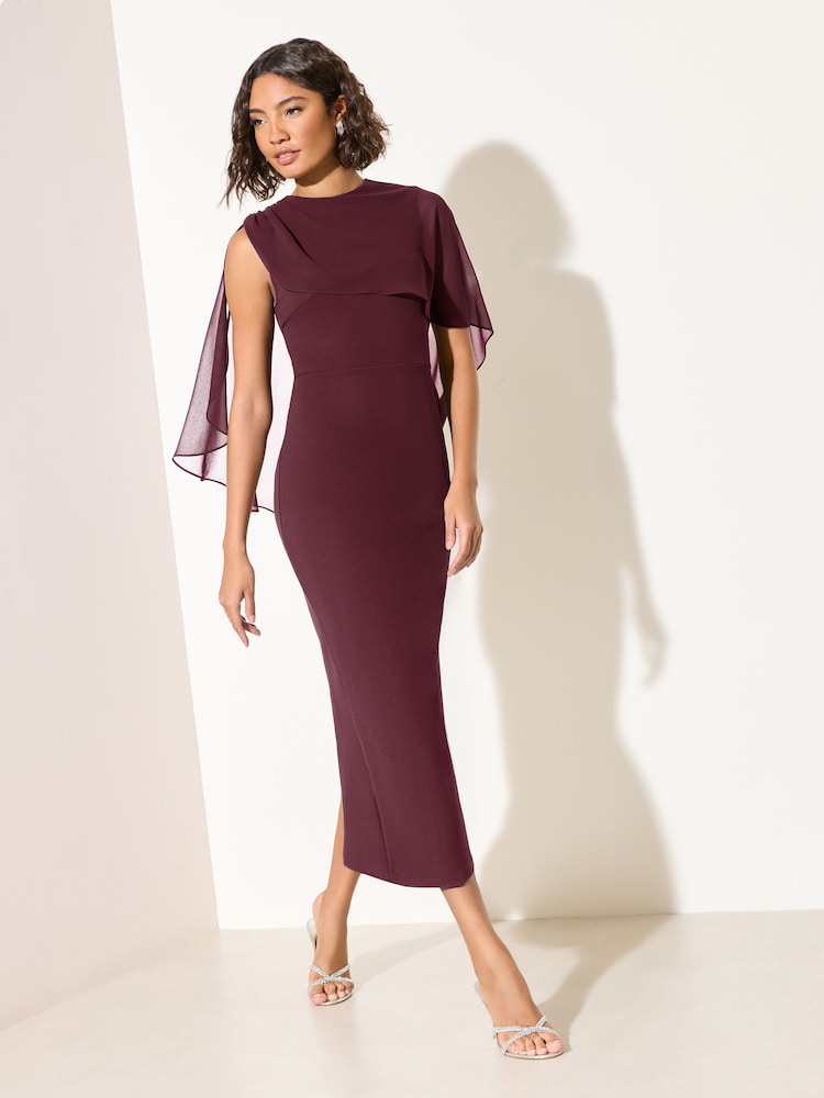 Friends Like These Burgundy Red Asymmetric Cape Sleeveless Midi Dress - Image 2 of 6