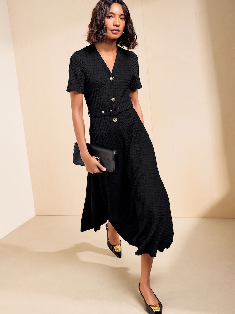 Friends Like These Black Short Sleeve Textured Belted Midi Dress - Image 1 of 5