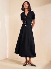Friends Like These Black Short Sleeve Textured Belted Midi Dress - Image 3 of 5