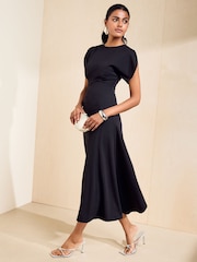 Friends Like These Black Split Sleeve Ruched Midi Dress - Image 1 of 5