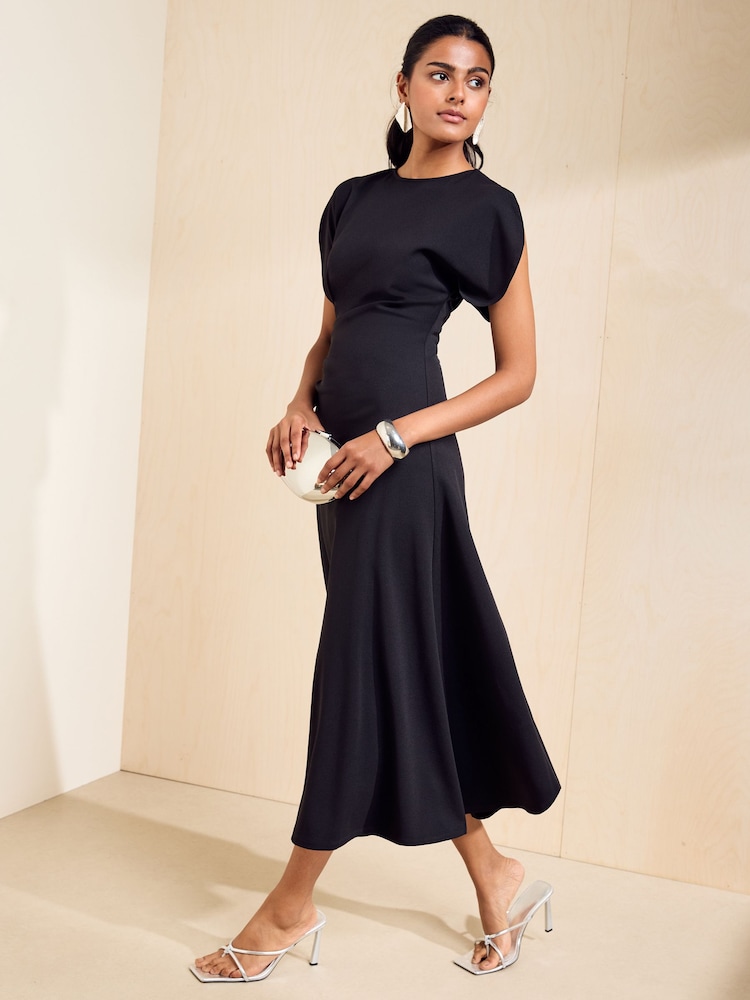 Friends Like These Black Split Sleeve Ruched Midi Dress - Image 1 of 5