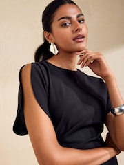 Friends Like These Black Split Sleeve Ruched Midi Dress - Image 2 of 5