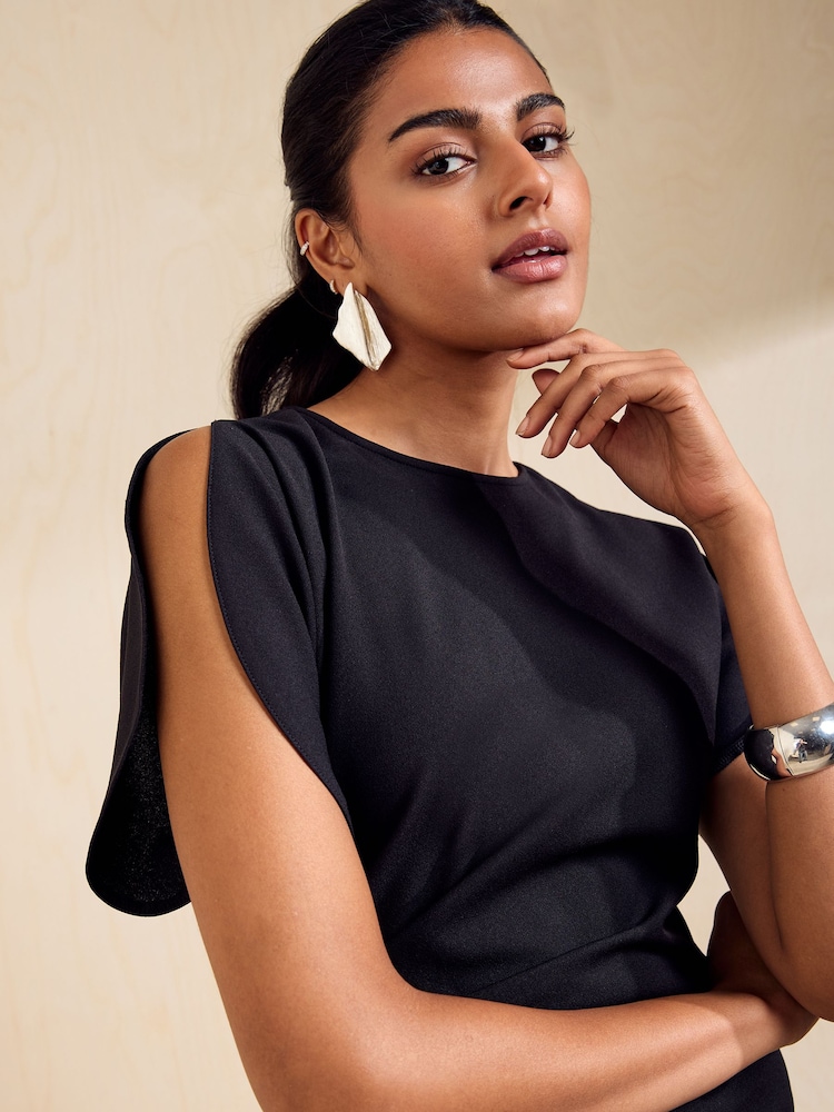 Friends Like These Black Split Sleeve Ruched Midi Dress - Image 2 of 5