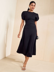 Friends Like These Black Split Sleeve Ruched Midi Dress - Image 4 of 5