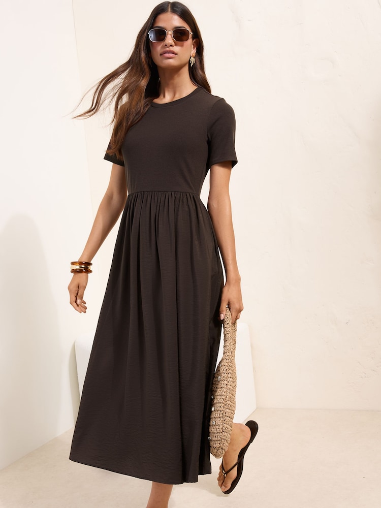 Friends Like These Chocolate Brown Petite Short Sleeve 2 in1 Midi Dress - Image 1 of 5 Friends Like These Chocolate Brown Petite Short Sleeve 2 in1 Midi Dress - Image 1 of 5