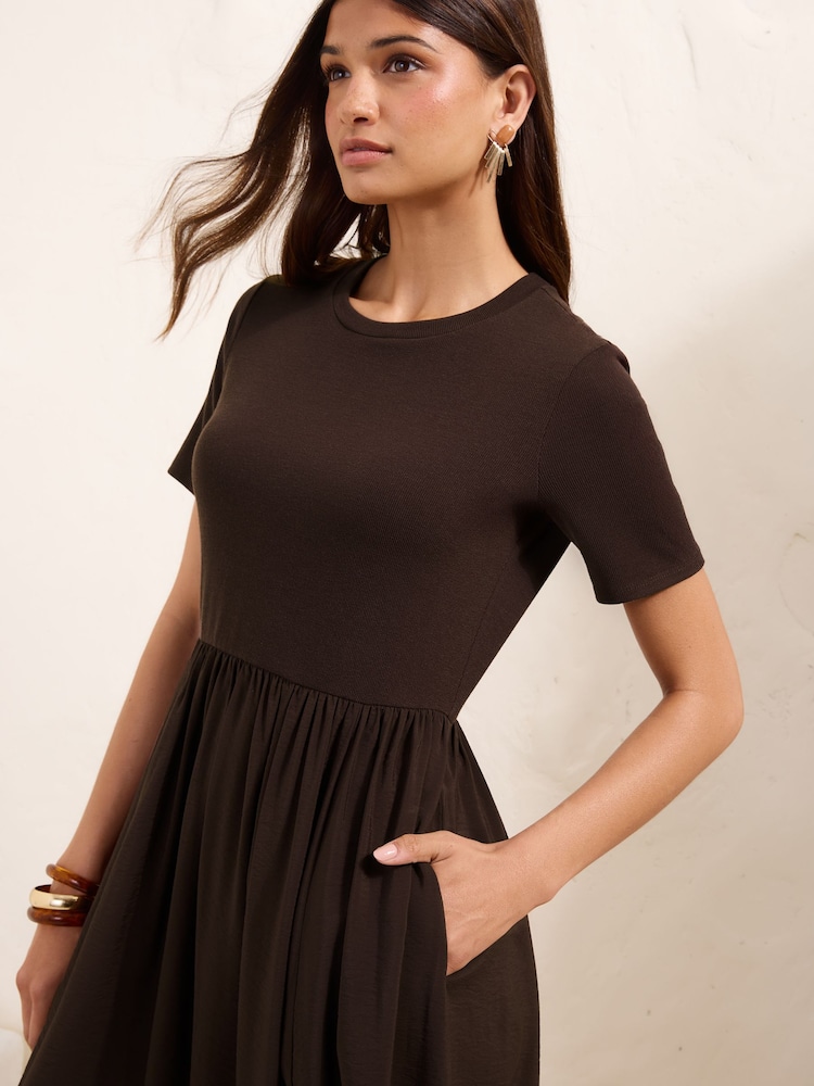 Friends Like These Chocolate Brown Petite Short Sleeve 2 in1 Midi Dress - Image 2 of 5 Friends Like These Chocolate Brown Petite Short Sleeve 2 in1 Midi Dress - Image 2 of 5