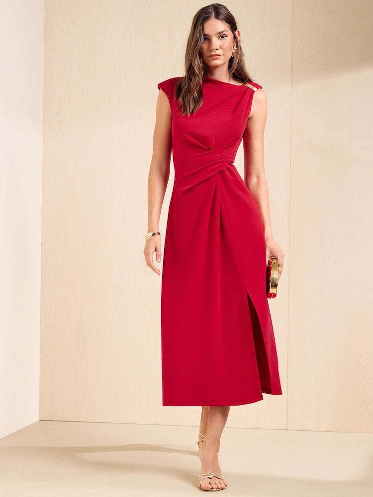 Friends Like These Red Manipulated Hardwear Shoulder Midi Dress - Image 1 of 5 Friends Like These Red Manipulated Hardwear Shoulder Midi Dress - Image 1 of 5