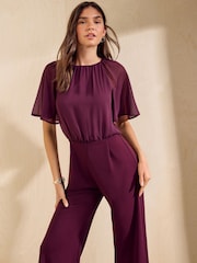 Friends Like These Aubergine Purple Chiffon Flutter Sleeve Jumpsuit - Image 2 of 5