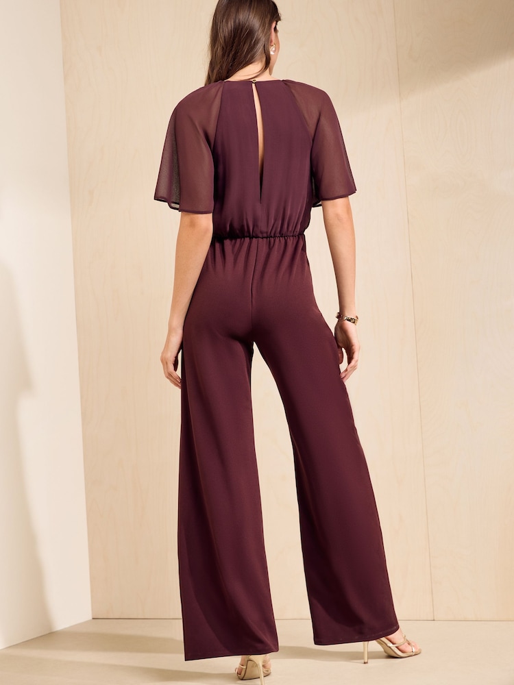Friends Like These Aubergine Purple Chiffon Flutter Sleeve Jumpsuit - Image 5 of 5 Friends Like These Aubergine Purple Chiffon Flutter Sleeve Jumpsuit - Image 5 of 5