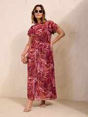Friends Like These Pink Curve Short Sleeve Ruffle Metallic Midi Dress - Image 1 of 5