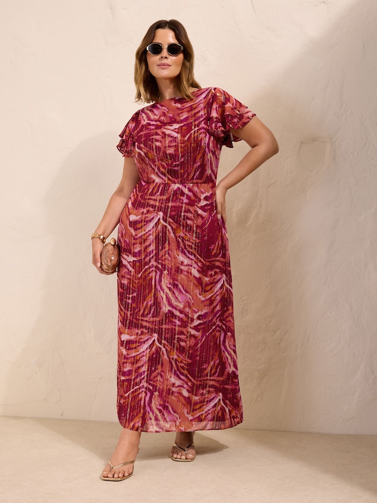Friends Like These Pink Curve Short Sleeve Ruffle Metallic Midi Dress - Image 1 of 5 Friends Like These Pink Curve Short Sleeve Ruffle Metallic Midi Dress - Image 1 of 5