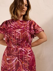 Friends Like These Pink Curve Short Sleeve Ruffle Metallic Midi Dress - Image 2 of 5