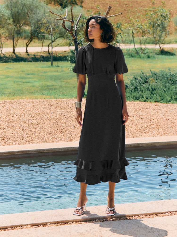 Friends Like These Black Petite Puff Sleeve Ruffle Hem Satin Midi Dress - Image 2 of 5 Friends Like These Black Petite Puff Sleeve Ruffle Hem Satin Midi Dress - Image 2 of 5