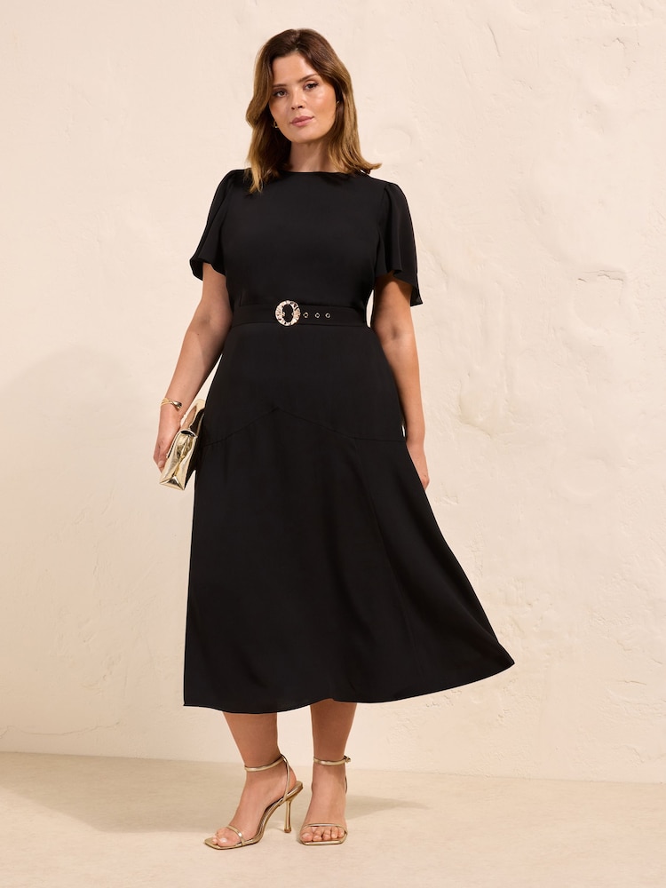 Friends Like These Black Curve Short Sleeve Belted Workwear Midi Dress - Image 1 of 4