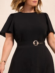 Friends Like These Black Curve Short Sleeve Belted Workwear Midi Dress - Image 2 of 4