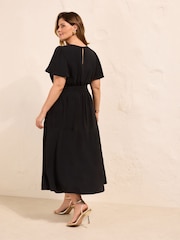 Friends Like These Black Curve Short Sleeve Belted Workwear Midi Dress - Image 4 of 4