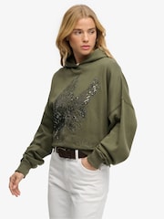 SUPERDRY Green SUPERDRY Tattoo Embellished Oversized Hoodie - Image 1 of 4