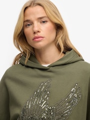 SUPERDRY Green SUPERDRY Tattoo Embellished Oversized Hoodie - Image 3 of 4