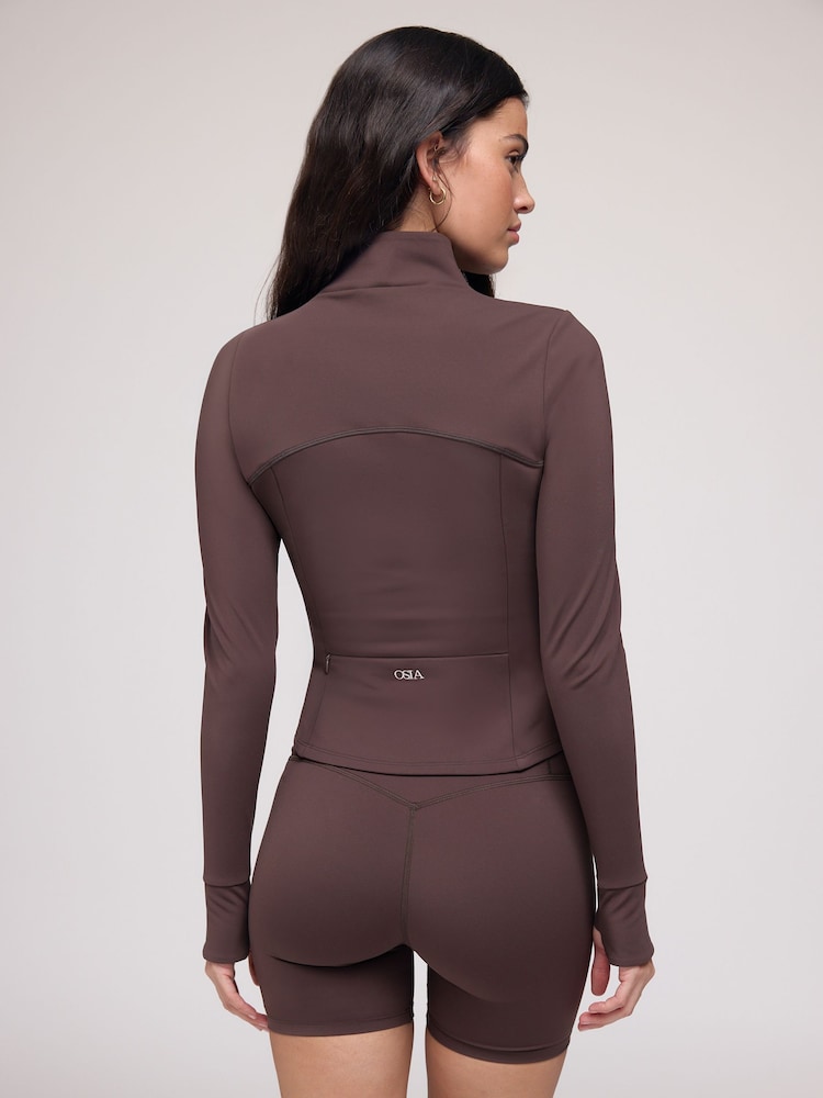OSIA Chocolate Brown Cinched Zip Through Jacket - Image 2 of 5 OSIA Chocolate Brown Cinched Zip Through Jacket - Image 2 of 5