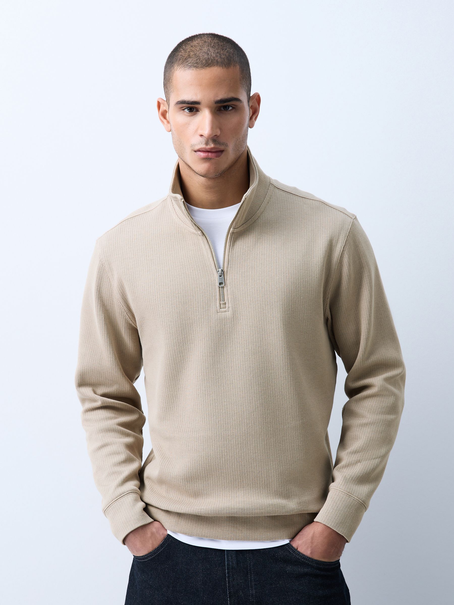 Buy Dark Stone N.Premium Smart Rib Textured Quarter Zip Sweat Top