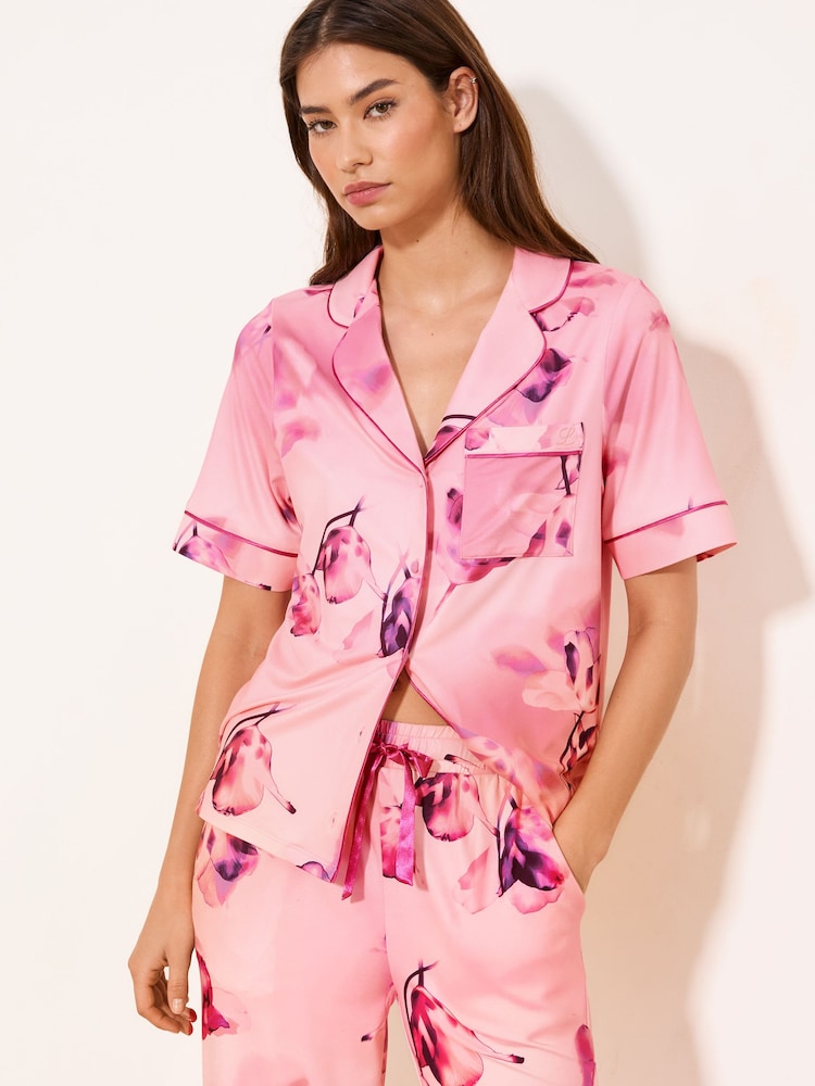 Lipsy Pink Floral Short Sleeve Shirt and Trousers Jersey Pyjamas Set - Image 2 of 4